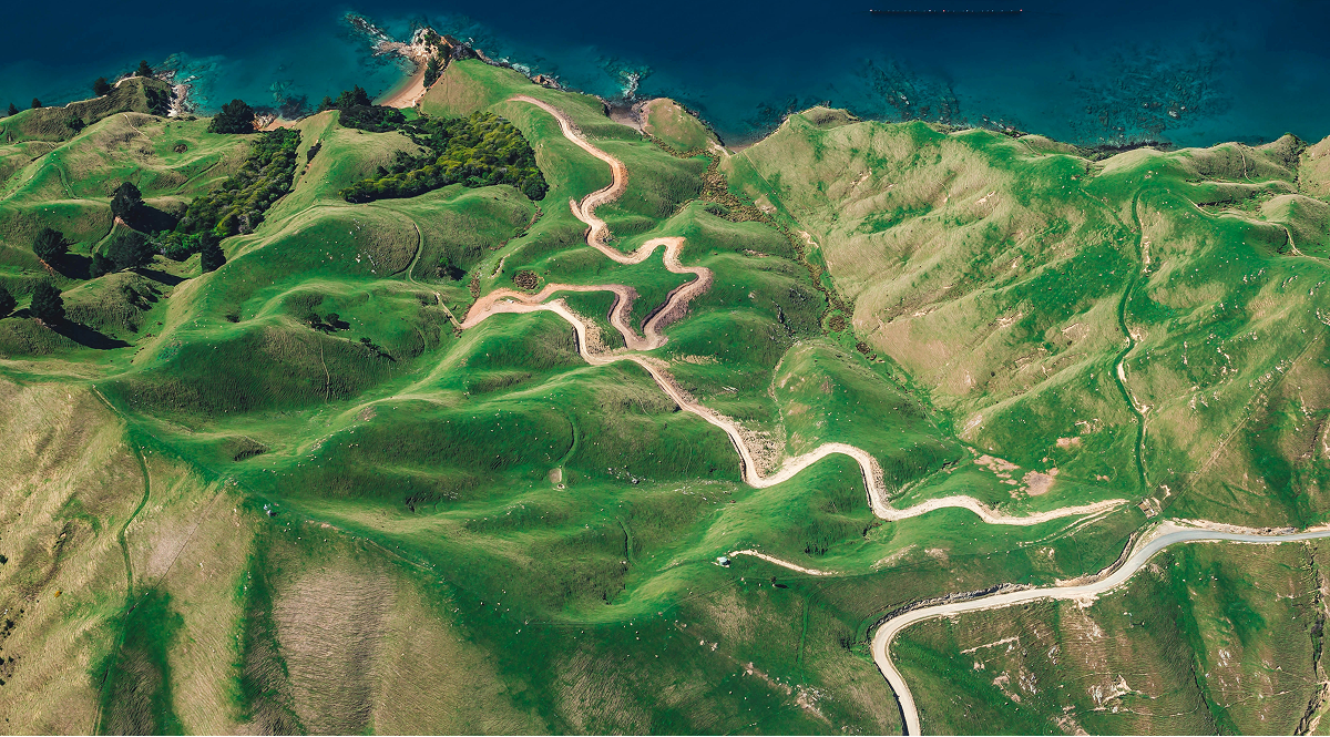 Panoramic aerial view of winding roads through lush hills